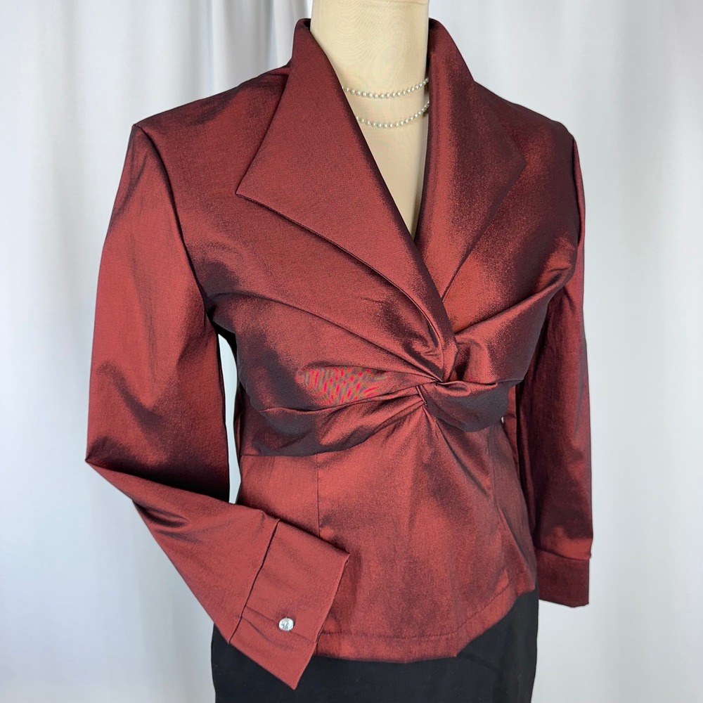 Cachet Twist Front Satin Jacket Burgundy Wine Blazer Women's Size 8 Made USA‎
